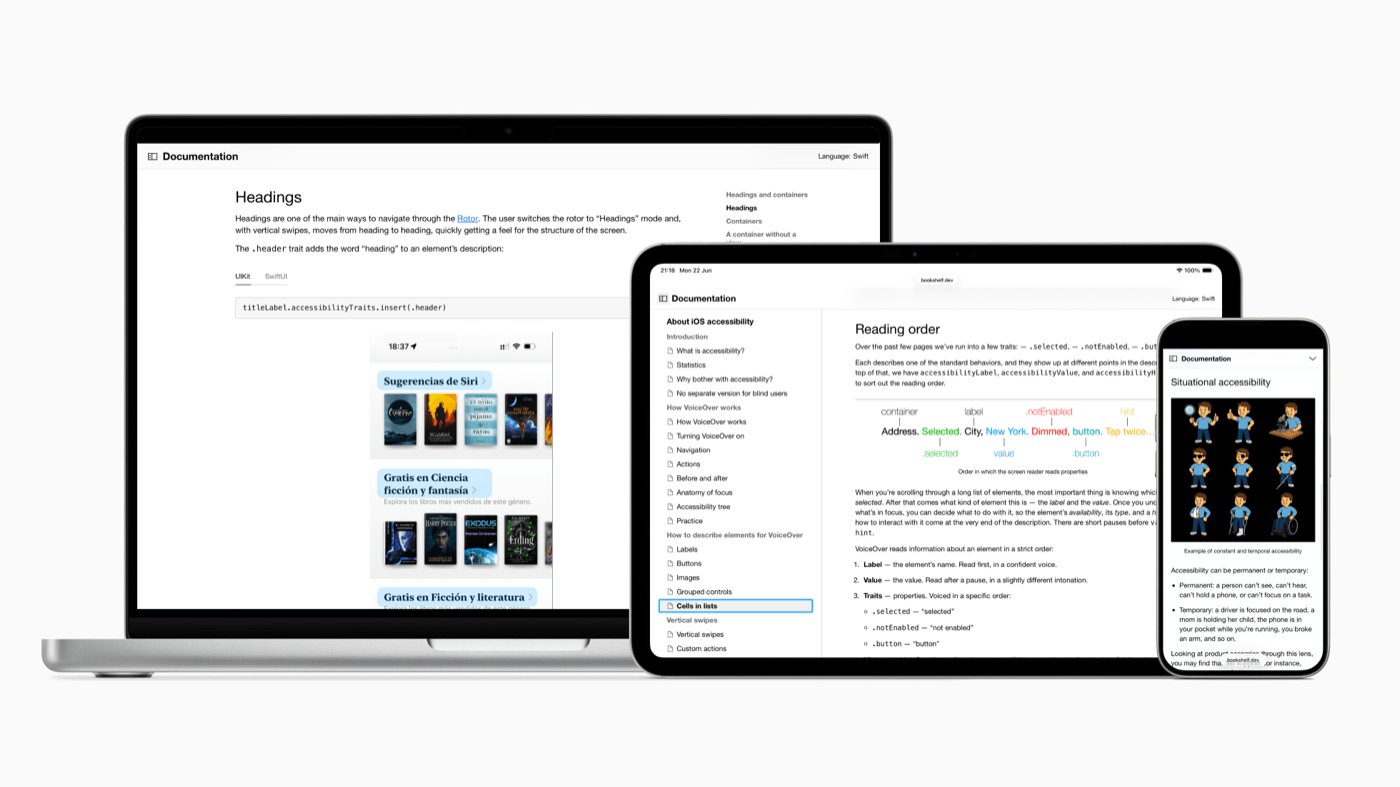 The book open on a laptop, tablet, and phone, showing the same accessibility chapter laid out responsively for each screen size.